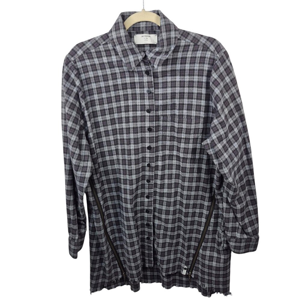 One Teaspoon Shirt Mens Small Button Down Flannel Upsized Side Zippers Raw Hem